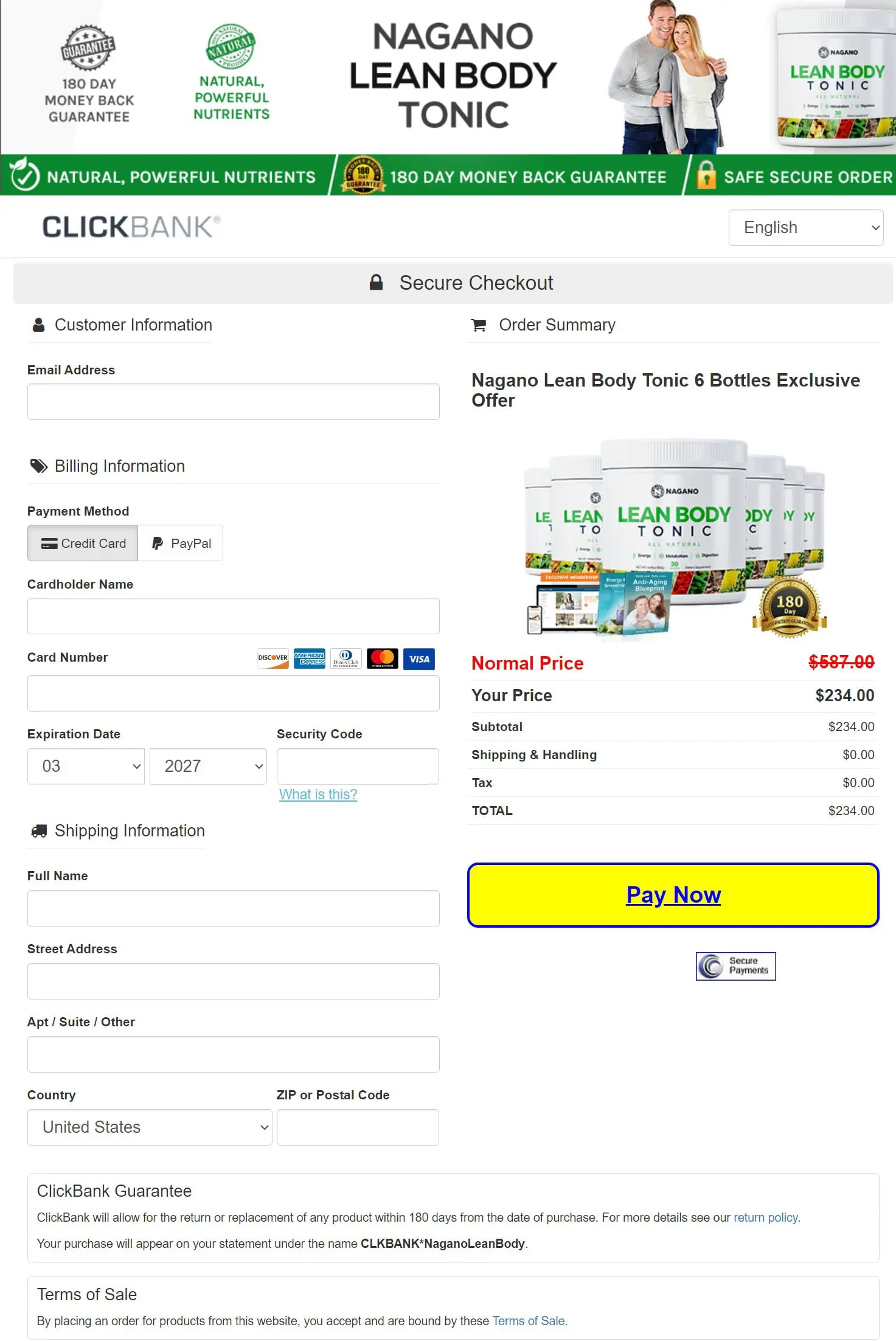 Nagano Lean Body Tonic order page